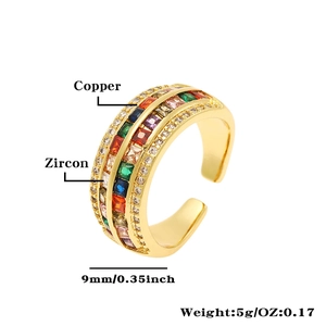 Adjustable copper gold ring with 9mm wide colorful square zircon stones and white crystals