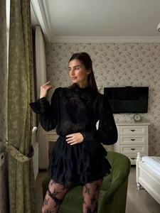 Elegant black lantern sleeve lace dress set with high neck and tiered ruffle skirt