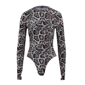 Women's sexy leopard print long sleeve bodysuit with slim fit and round neckline
