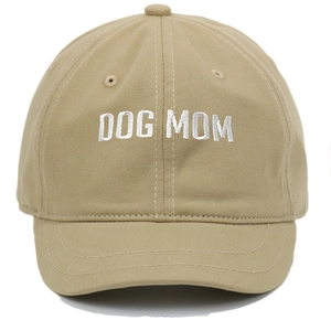 Classic khaki cotton baseball cap featuring white DOG MOM embroidery on the front