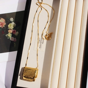Unique Mini Bag Pendant Long Necklace Real Gold Plated Brass Woven Texture Luxury Retro Sweater Chain For Women