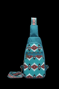 Detail of Aztec Bohemian sling bag showing teal canvas and geometric ethnic pattern