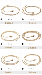Detailed comparison of six golden stainless steel chains with lobster clasps in various weights