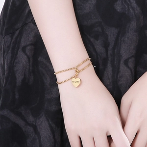 Gold double-layer pearl chain bracelet with engraved MOM heart pendant for women