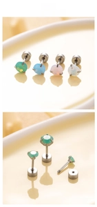 Macro detail of opal titanium steel stud earrings with flat back screw threading mechanism