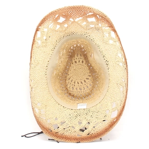 Detail view of woven paper straw cowboy hat with sweatband and interior material label