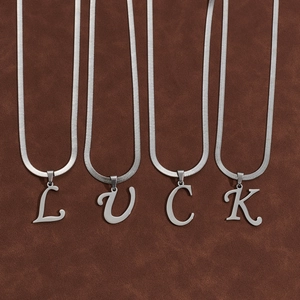Silver stainless steel snake chain necklaces featuring L, U, C, K letter pendants