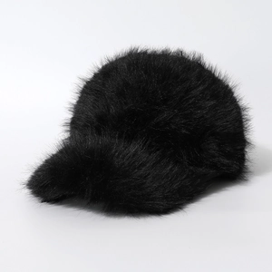 Solid black faux fur baseball cap for women with fluffy winter texture and warm stylish design