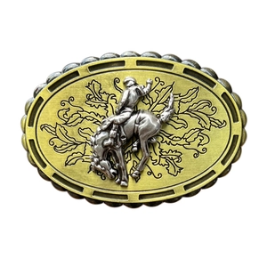 Oval zinc alloy western cowboy belt buckle featuring a metallic horse rider relief