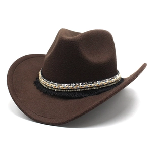 Brown wool western cowboy hat with ethnic sequin band and tassel trim, 45-degree view