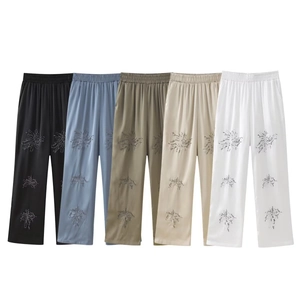 Women's embroidered wide-leg pants in five colors with floral silk satin texture