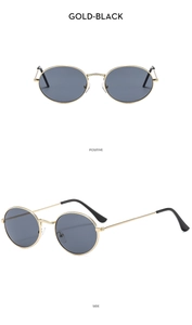Macro detail of retro oval gold metal sunglasses with black lenses and side view