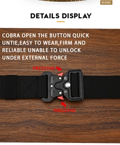 Detail of metal cobra quick-release buckle on heavy-duty tactical nylon belt