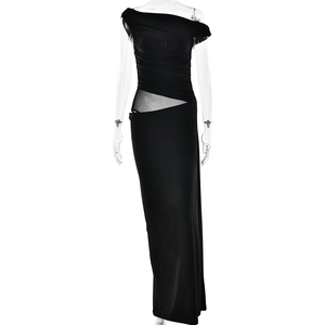 Elegant black one-shoulder maxi dress with mesh cut-out waist on fashion mannequin