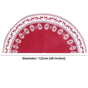 Detail of red knitted Christmas tree skirt with 122cm 48 inch diameter and snowflake deer