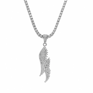 Hip-hop silver wing pendant necklace with sparkling tennis chain and crystal inlay