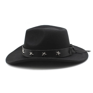 Detail of black wool fedora featuring silver star studs and a tassel on the leather band