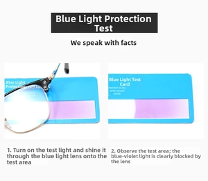 Detailed demonstration of blue light blocking lens performance using a test card and laser