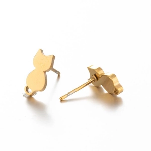 Detailed view of hollow cat silhouette stud earrings in polished gold stainless steel