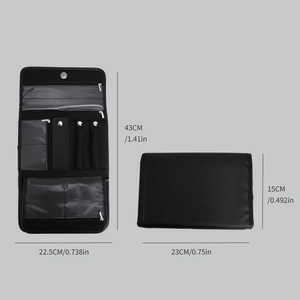 Foldable black PU jewelry travel organizer with size dimensions and multi-compartments