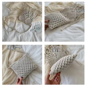 Detail shots of off-white woven tassel bag with bohemian patterns and fringe