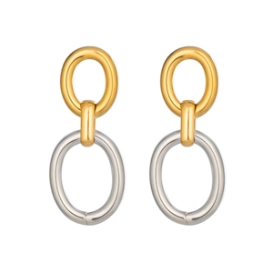 Modern geometric mixed-metal oval link earrings in polished gold and silver finish