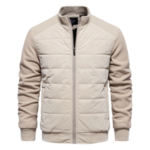 Men's fashion quilted stand collar jacket with mixed fabric panels in beige and khaki