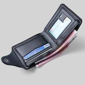 Men's bifold black leather wallet with litchi texture and multi-card slots shown at 45-degree
