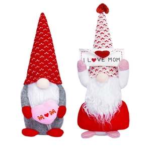 Mother's Day gnome figurines with heart and envelope, red and gray plush doll decorations