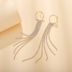 Elegant gold round stud earrings with long rhinestone tassels for wedding and evening wear