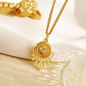 Golden Evil Eye sun pendant necklace with sparkling zircons and delicate link chain