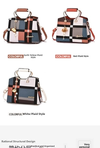 Detailed comparison of three colorblocked plaid handbags with round metal handles and tassels