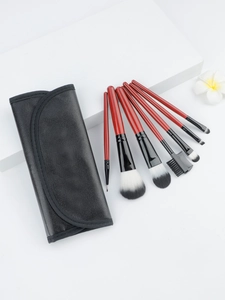 7-piece rosewood handle makeup brush set with synthetic bristles and black travel pouch
