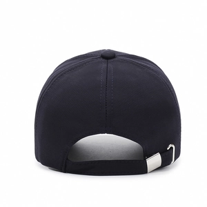 Outdoor navy baseball cap rear view showing adjustable metal buckle and cotton texture
