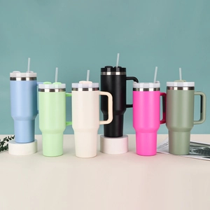 Detailed set of 40oz stainless steel tumblers with handles and straws in six colors