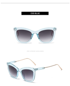 Detail view of cat eye sunglasses with light blue frames and gold metal temples