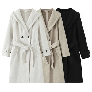 Women Long Hooded Woolen Coat Double Breasted Belted Loose Casual Outerwear Jacket Elegant Streetwear Winter