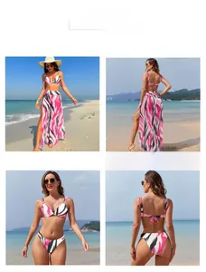 Three-piece bikini set with zebra print top, bottoms, and split leg beach trousers