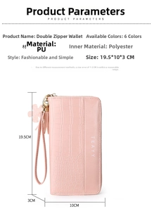 Detailed size chart of women's long PU leather wallet with double zipper dimensions