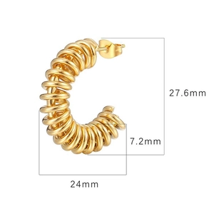 Golden stainless steel spiral spring hoop earrings with 27.6mm outer diameter size specs