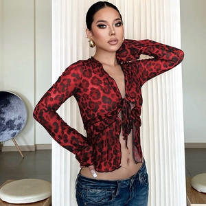 Close-up of red leopard print mesh sheer cardigan with front tie detail for women