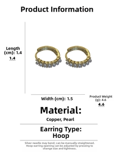Detailed view of small gold hoop earrings with white pearls and size measurements