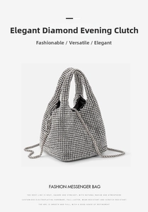 Close-up of sparkling silver rhinestone bucket bag with shiny metallic chain and handle