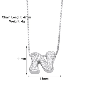 Detailed dimension guide for the silver letter N necklace showing 47cm chain length and weight