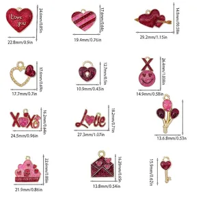 Size chart for Valentine red enamel heart charms including love letters and arrow pendants