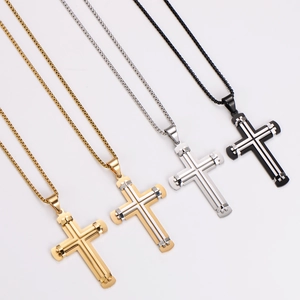 Minimalist two-tone stainless steel cross pendant necklace in four color variants