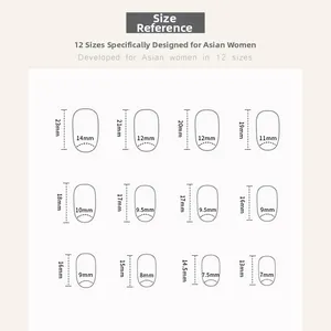 Detailed size chart for press-on nails featuring twelve dimensions for precise fitting