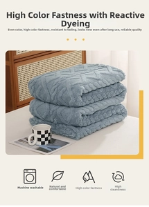 Detail of light blue fleece blanket showing the soft texture and quilted diamond pattern