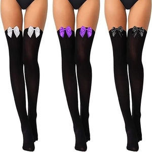 Over the knee high velvet socks for women featuring elegant large bows in black white and purple