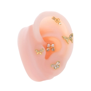 5-piece gold cartilage stud set with bow, heart, and butterfly butterfly designs in zircon